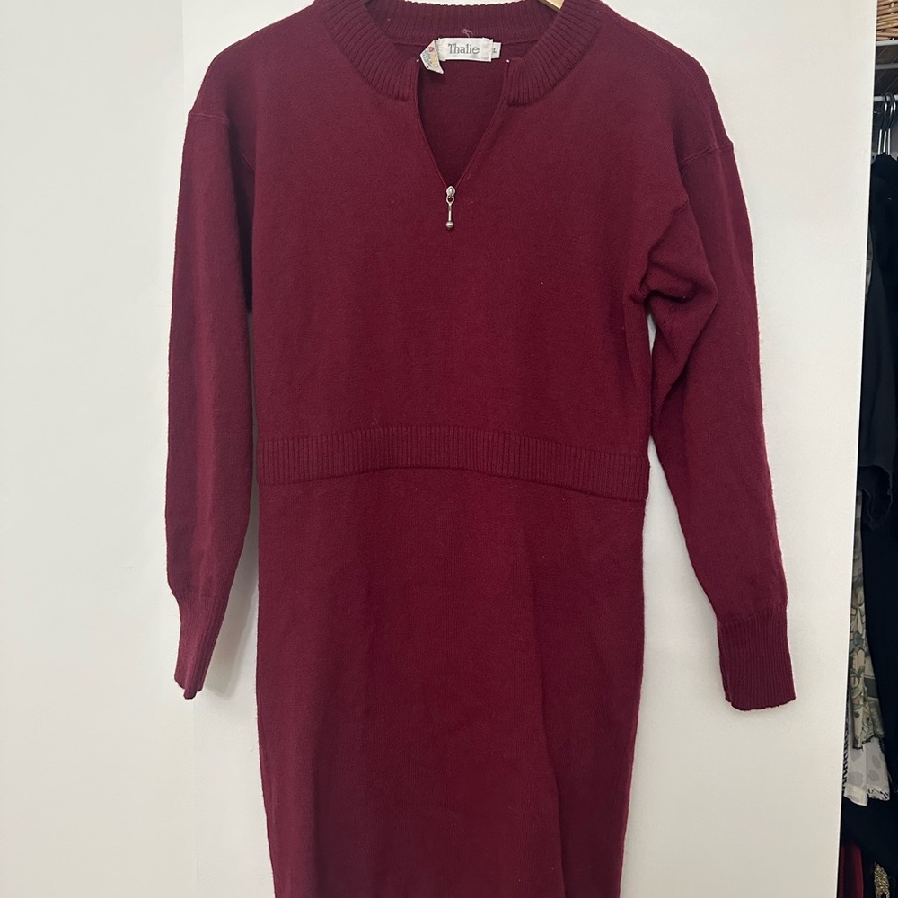 Burgundy Sweater Dress with Zip Neck